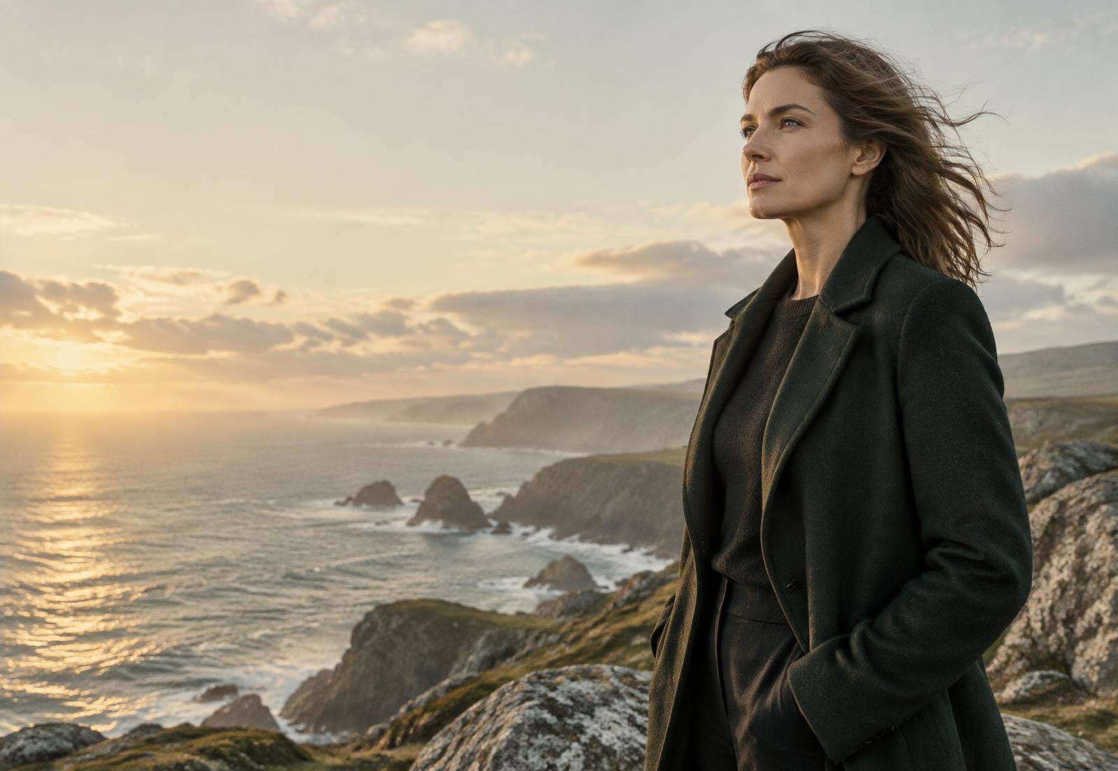 A confident woman looking toward the horizon on a dramatic coast at dawn